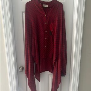 Red Patterned Button-Up Blouse